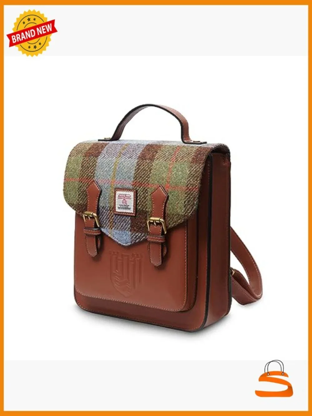 Harris Tweed Backpack with Faux Leather - Adjustable Straps